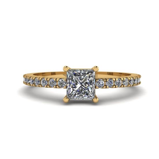 Princess Cut Diamond Ring with Side Pave in 18K Yellow Gold, Enlarge image 1