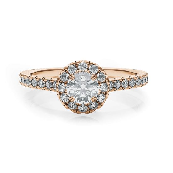 18K Rose Gold Ring with Round Diamond in Halo, Enlarge image 1