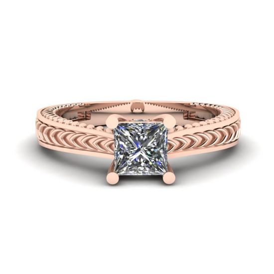 Oriental Style Princess Cut Diamond Ring 18K Rose Gold, Image 1