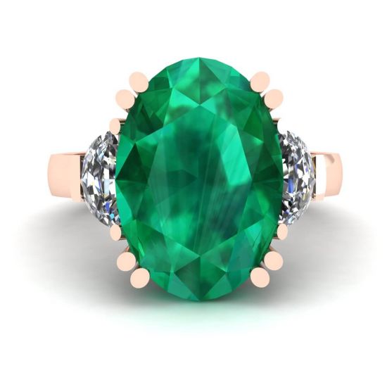Oval Emerald with Half-Moon Side Diamonds Ring Rose Gold, Enlarge image 1
