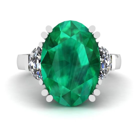 Oval Emerald with Half-Moon Side Diamonds Ring, Image 1