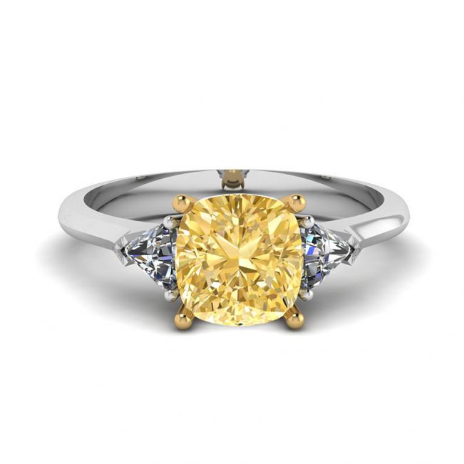1 carat Cushion Yellow Diamond with Side Trillions Ring 