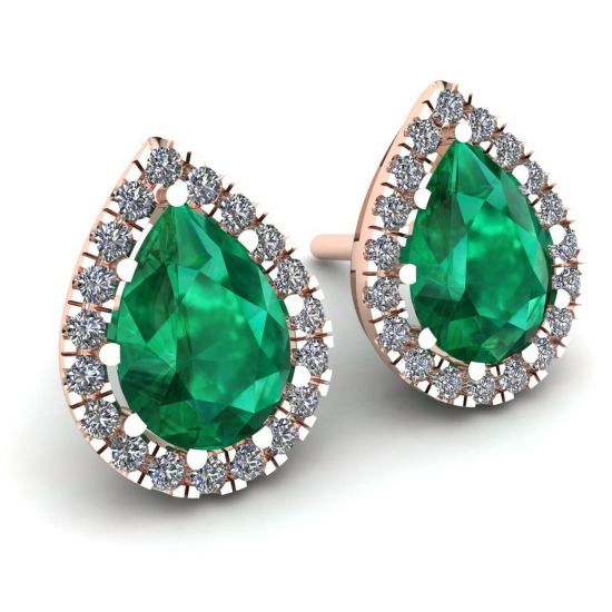 Pear-Shaped Emerald with Diamond Halo Earrings Rose Gold, More Image 0