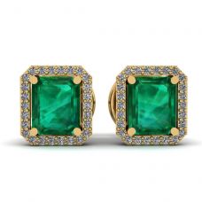 2 carat Emerald with Diamond Halo Stud Earrings in Yellow Gold