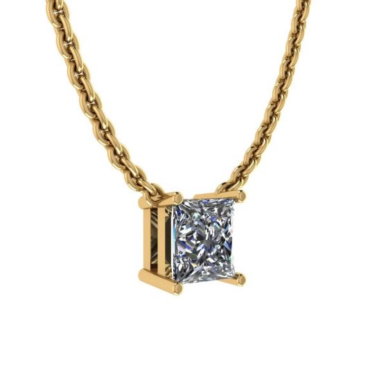 Princess Diamond Solitaire Necklace on Thin Chain Yellow Gold,  Enlarge image 2